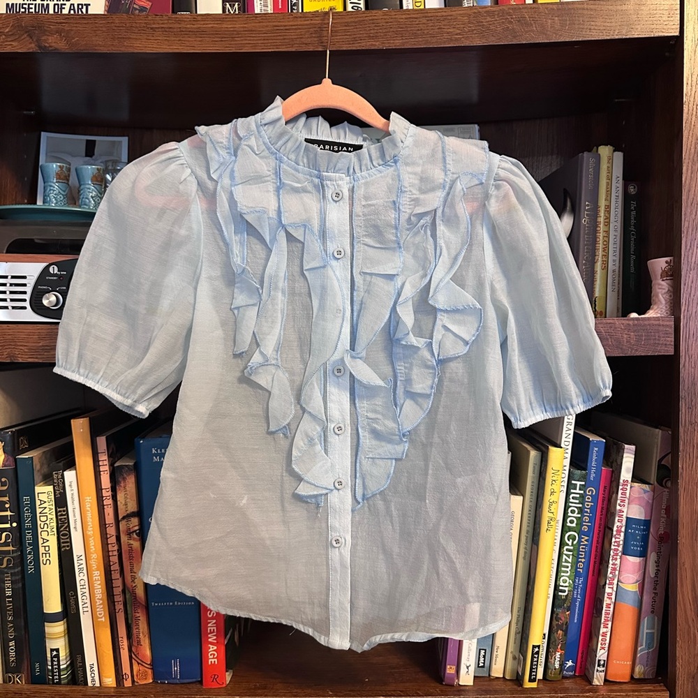 Sheer, Baby Blue Blouse with Ruffle Detail & Puff Sleeves